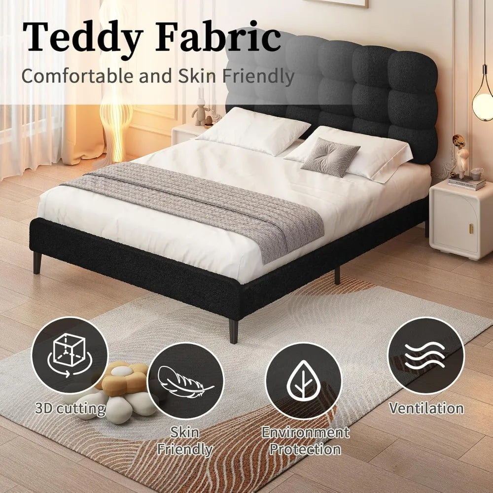 Twin Bed Frame with Upholstered Headboard and Platform Design