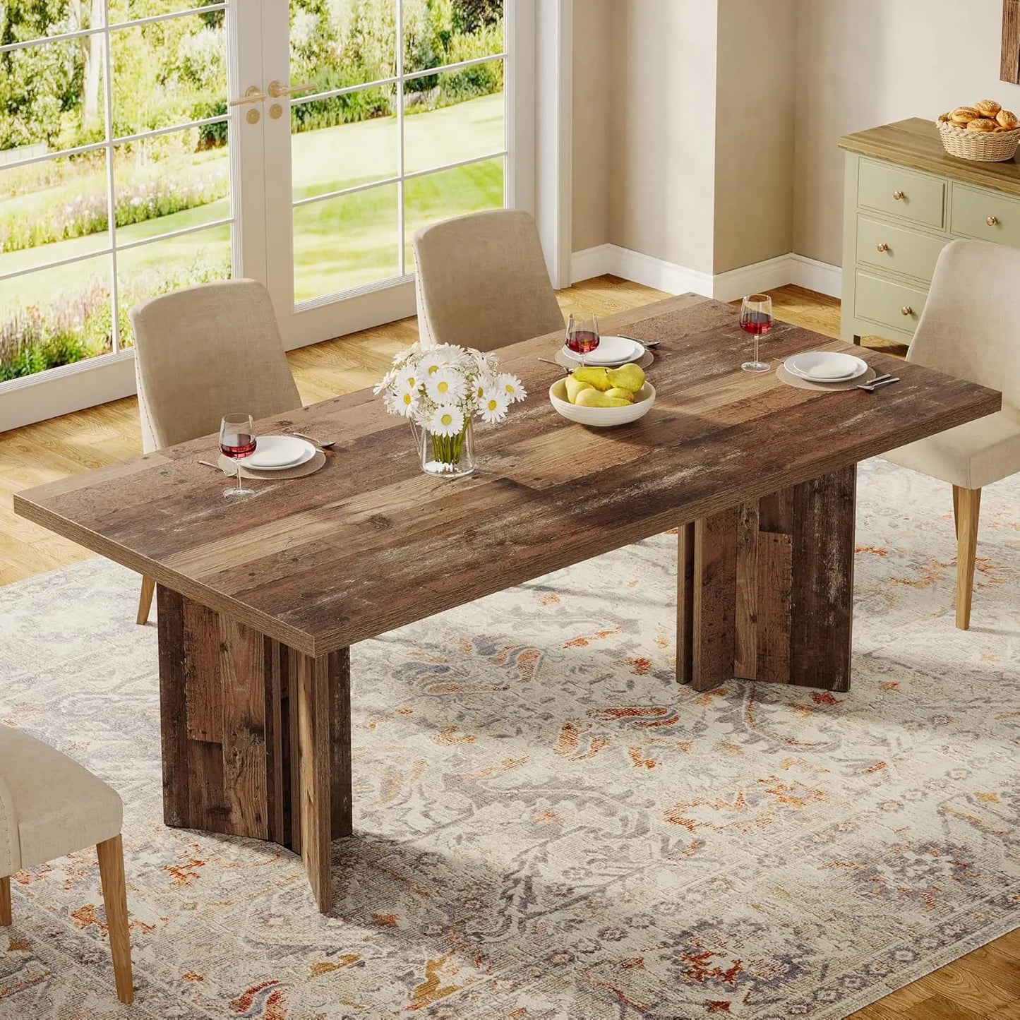 Tribesigns Farmhouse Dining Table for 4 to 6 People, 63-inch Rectangle Wooden Kitchen Table with Large Tabletop and Heavy Duty