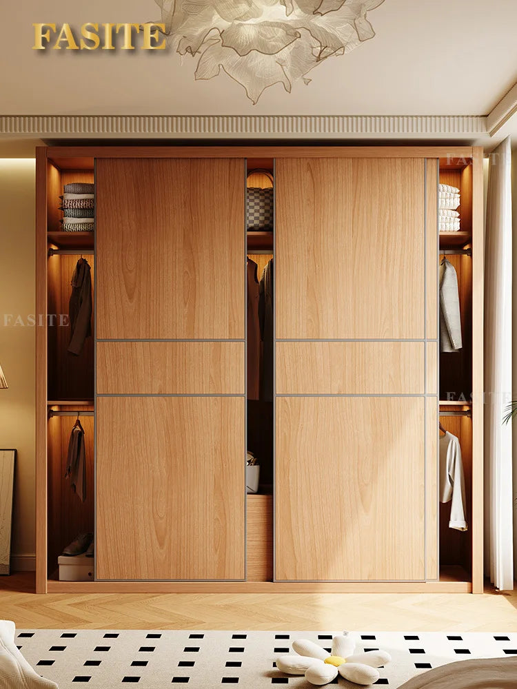 Premium All solid wood oak sliding door wardrobe 2025 popular home bedroom Nordic log sliding door wardrobe