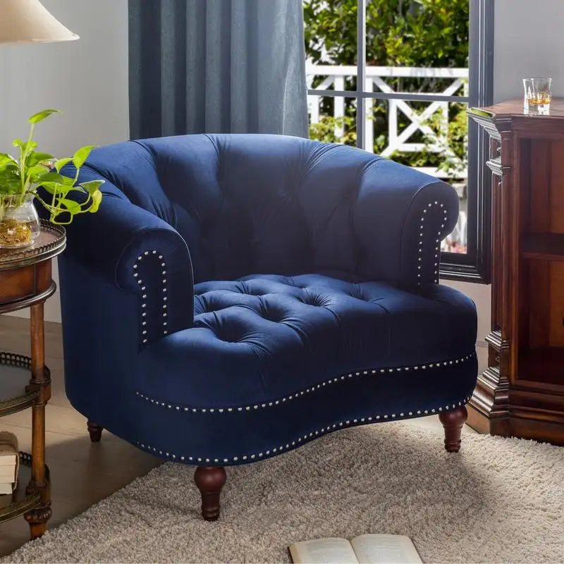 Navy Blue Velvet Tufted Accent Chair, Victorian Style Upholstered Armchair