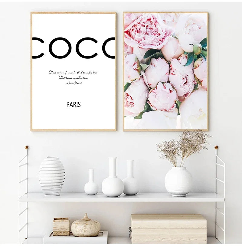 Pink Peonies & Coco Paris Quote Canvas Wall Art Print Set