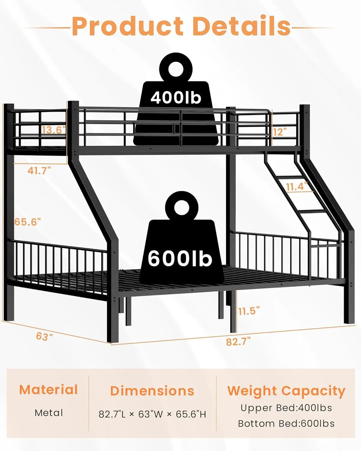 Metal Bunk Bed Frame - Twin XL Over Queen with Safety Ladder and Guardrails