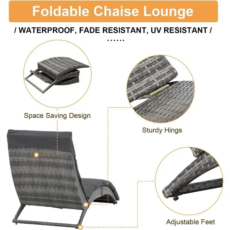 t Patio Chaise Lounge, Outdoor Lounge Chair, PE Rattan Foldable Chaise Lounger with Removable Dark Gray Cushion, Suitable