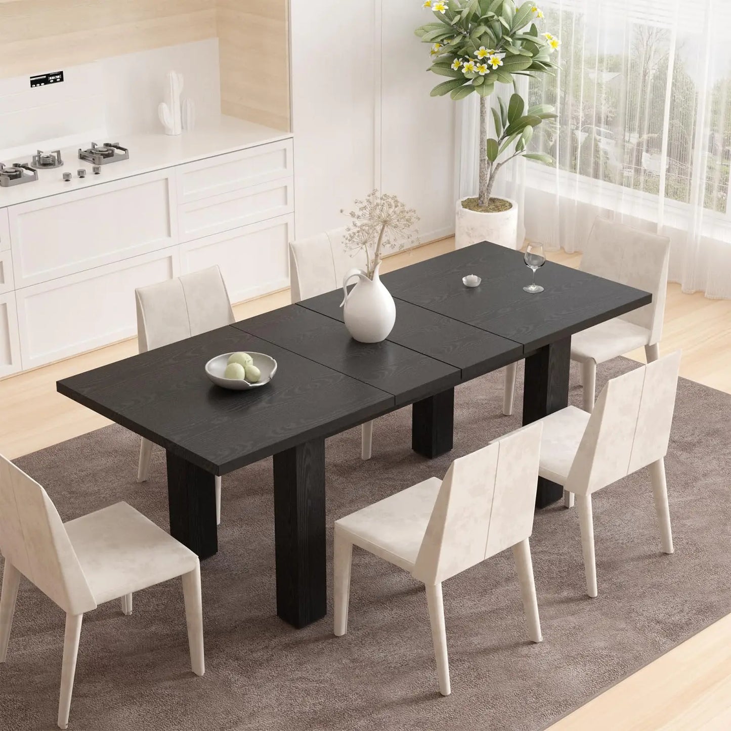 Vabches Extendable Dining Table for 6-8 Seater Wooden Kitchen Table Modern Rectangle Dinner Table Space Saver for Dining Room