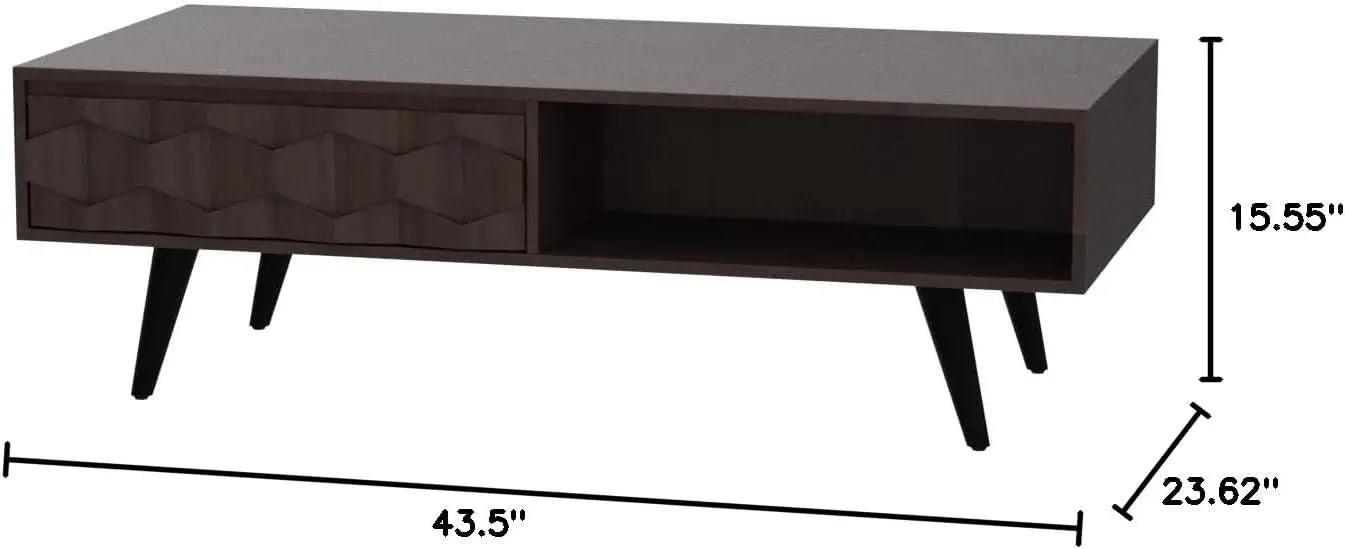 georgina solid wood coffee tables for living room, coffee table mid century modern with 2 symmetrical storage drawers & geometr