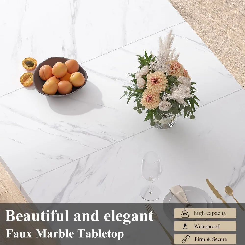 White Faux Marble Dining Table, 63 inch Modern Dinner Table for 6 People, Farmhouse Rectangle Kitchen Table for Living Room, La