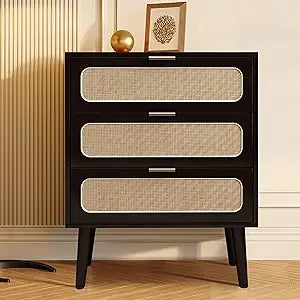 QHITTY Drawer Dresser Set of 2, Rattan Chest of Drawers with 3 Drawers Dresser, Accent Storage Cabinet Modern Bedside Table for