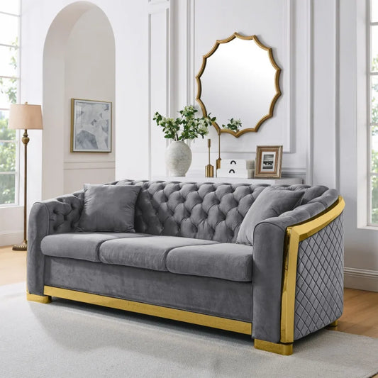 Velvet Luxury Chesterfield Sofa Set 84 Inches Tufted 3 Seat Couch with Gold Stainless for Living Room Grey Fabric