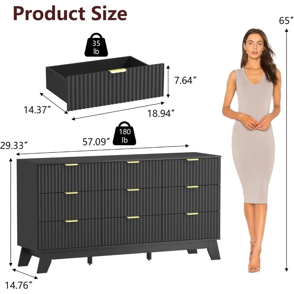 Dresser for Bedroom,9 Drawer Dresser for Closet,57" Wide Storage Cabinet and Chest of Drawers with Gold Handle,TV Stand