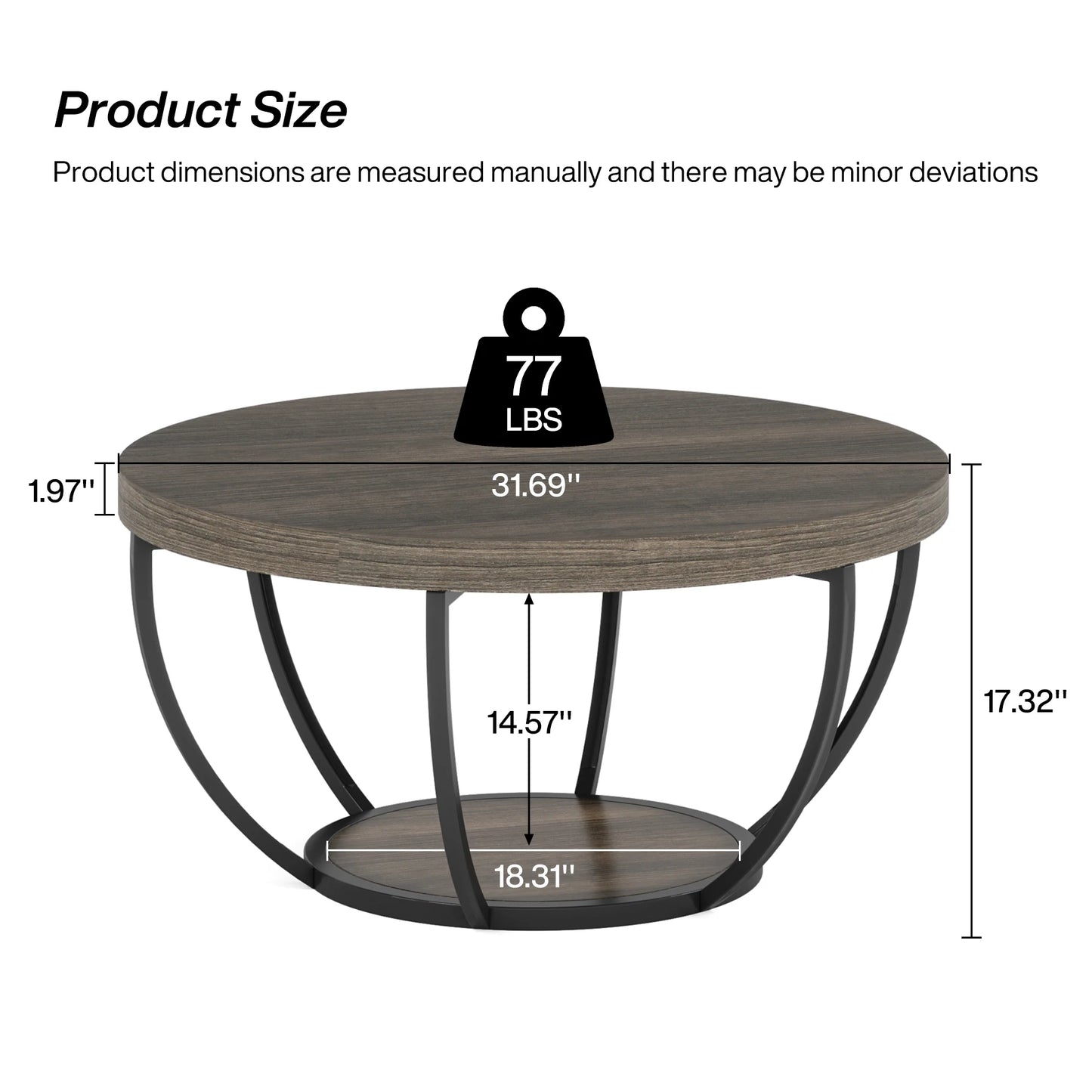 Round Coffee Table with Storage Shelves - 31.7" Industrial 2-Tier Circle Table