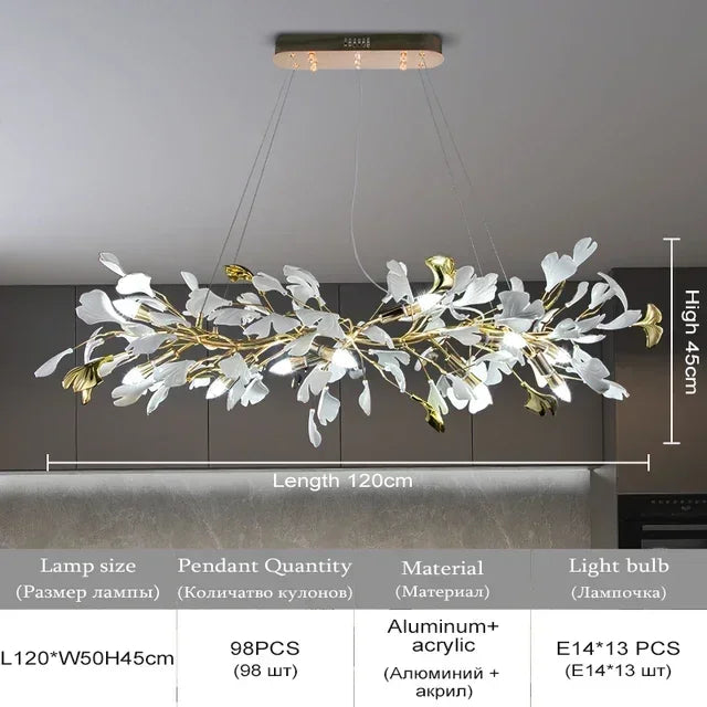 Ginkgo Leaf Chandelier 180cm: Modern Gold Pendant Light for Dining Room & Living Room