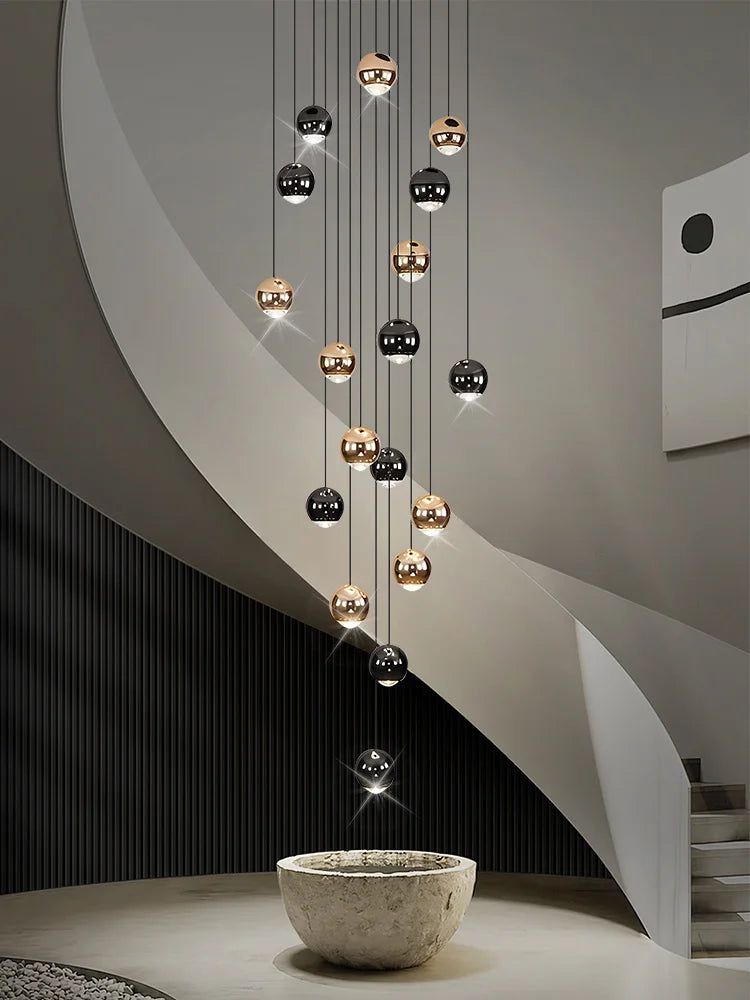 Chandelier: Multi-Drop Cluster with Metallic Globe Pendants in Black & Gold