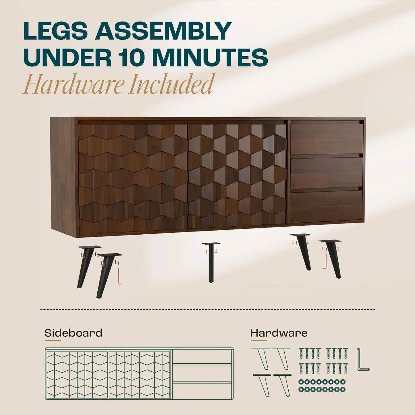 Solid Wood Sideboard with 2 Doors and 3 Drawers