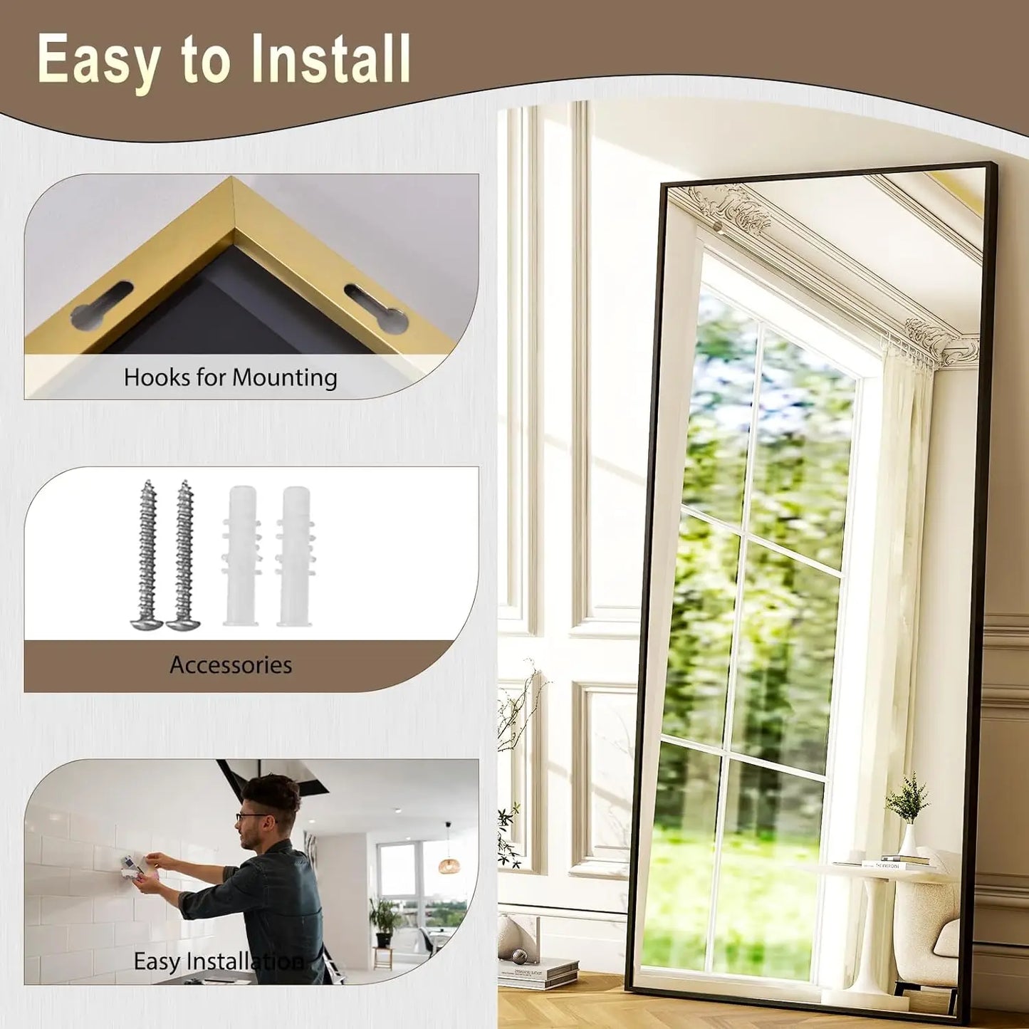 Full Length Mirror - Floor Mirror - Rectangular Wall Mounted Mirrors for Bedroom, Living Room, Bathroom