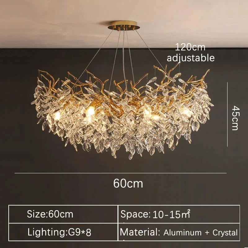 Crystal Chandelier: Luxury Gold Leaf Design LED Pendant Light for Dining & Living Room