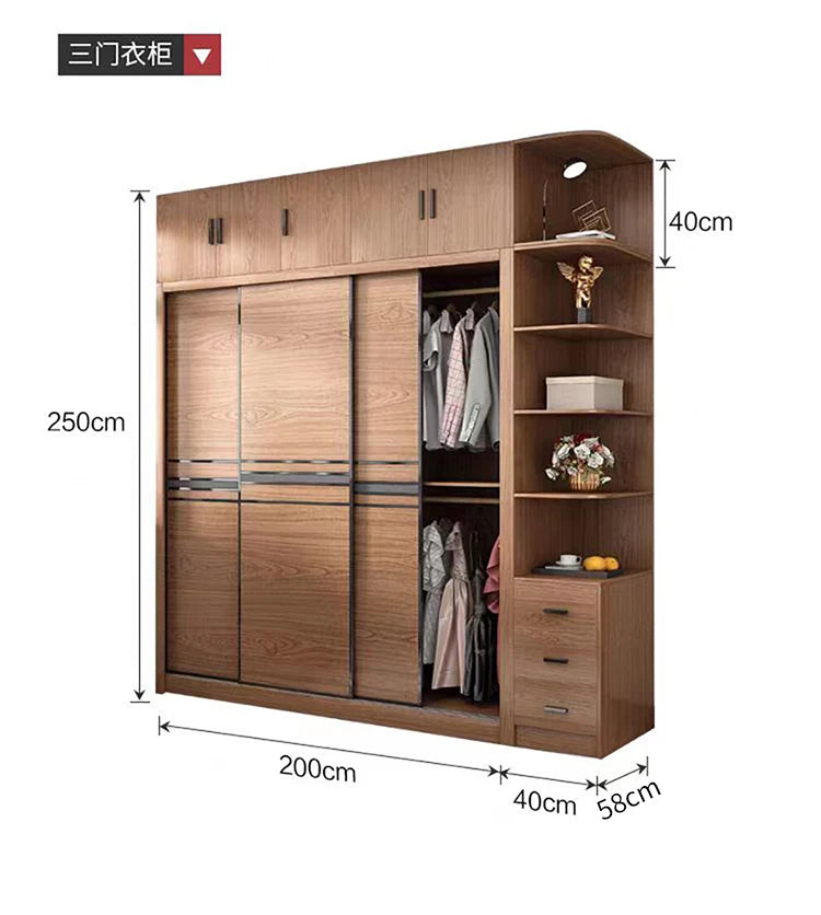 Nordic Wardrobe Bedroom Simple Glass Sliding Door Walnut Color Cabinet Sliding Door Wardrobe