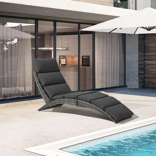 t Patio Chaise Lounge, Outdoor Lounge Chair, PE Rattan Foldable Chaise Lounger with Removable Dark Gray Cushion, Suitable