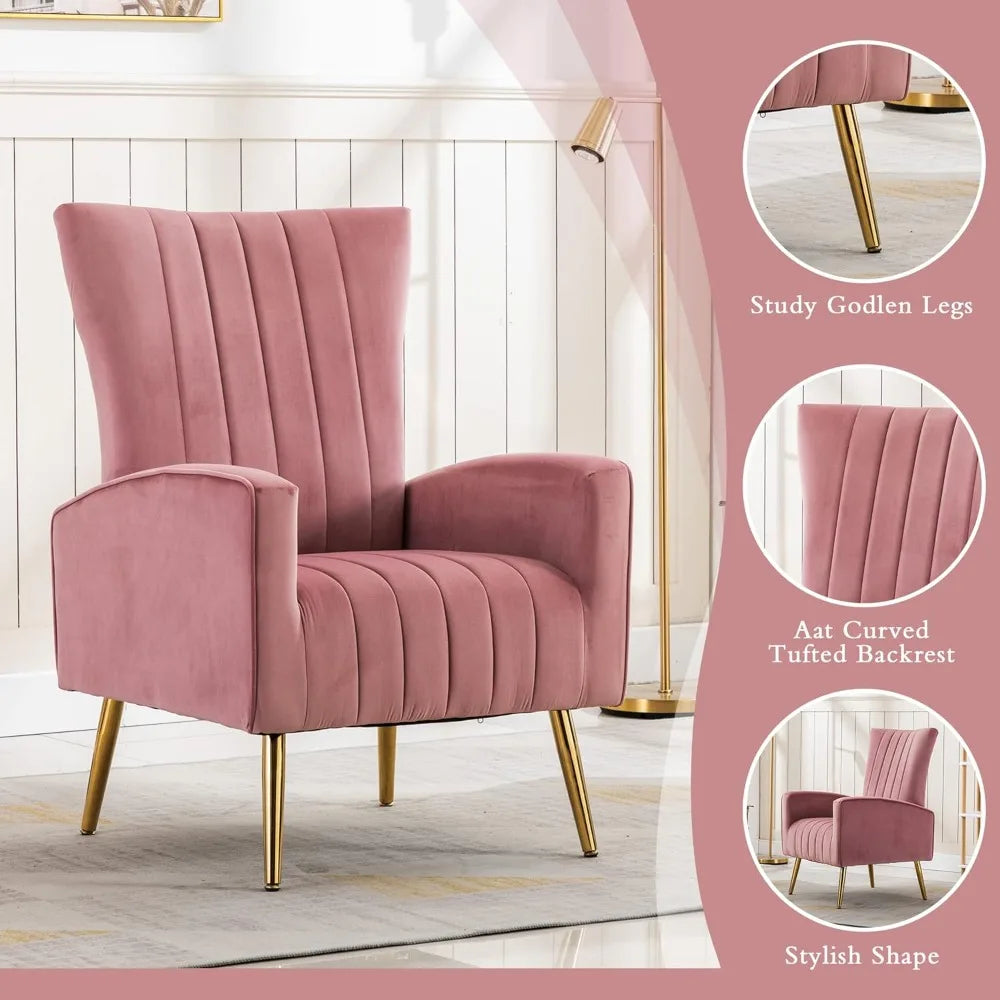 Velvet Accent Chairs Set of 1, Modern Fabric Upholstered Living Room Chairs Armchairs with Wing Back and Metal Legs, Pin