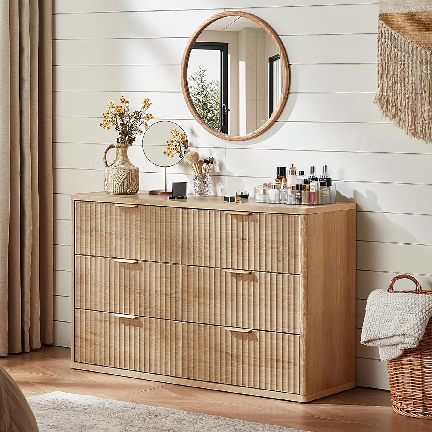 Fluted 6 Drawer Dresser with Metal Handles - Natural Wood Finish