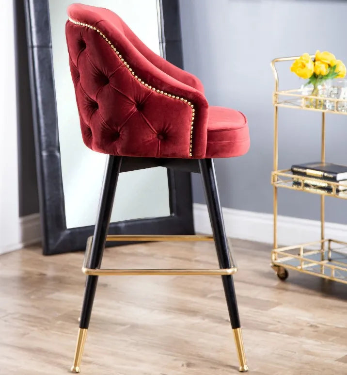 Luxury Modern Nordic Style Burgundy Tufted Curved High Back Bar Stool Velvet Upholstery Bar Chair for Home Hotel