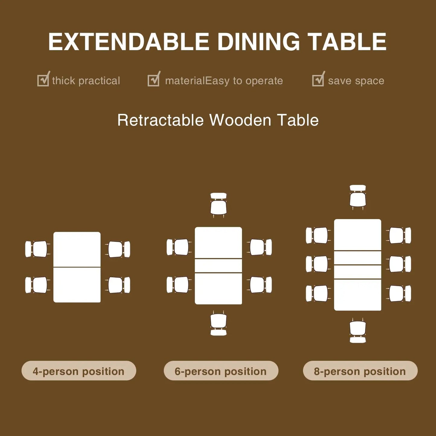 Vabches Extendable Dining Table for 6-8 Seater Wooden Kitchen Table Modern Rectangle Dinner Table Space Saver for Dining Room