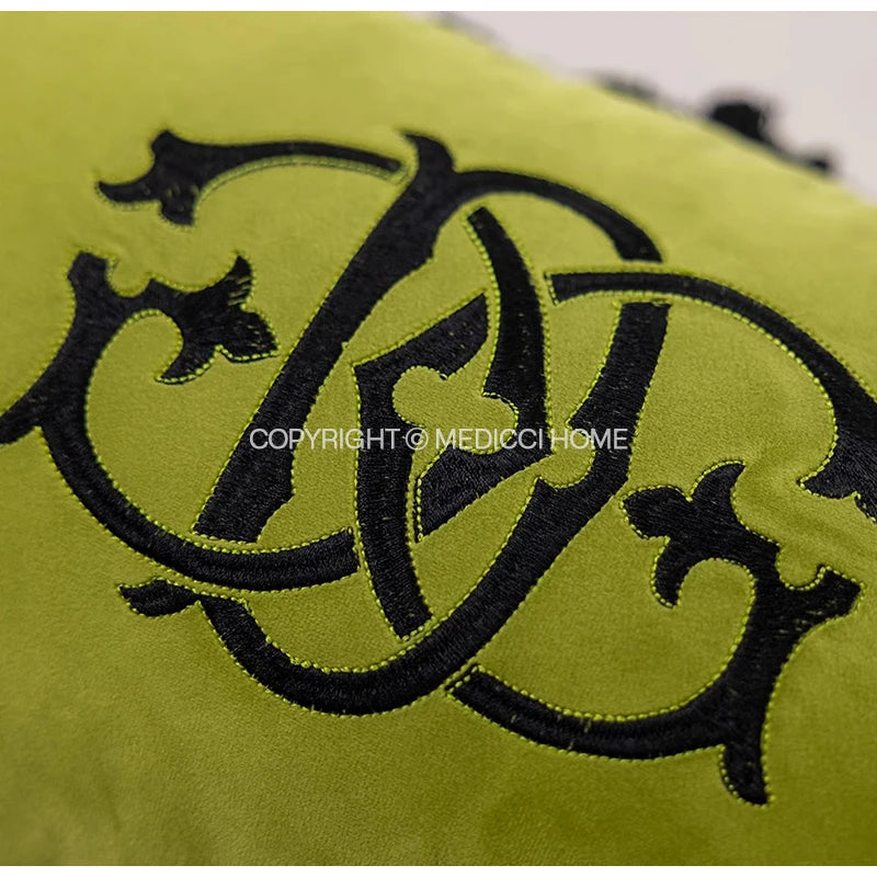Medicci Home Luxury Monogrammed Lumbar Cushion Cover Green Brush Fringe Monogram Accent Throw Pillow Case Personalized Gifts