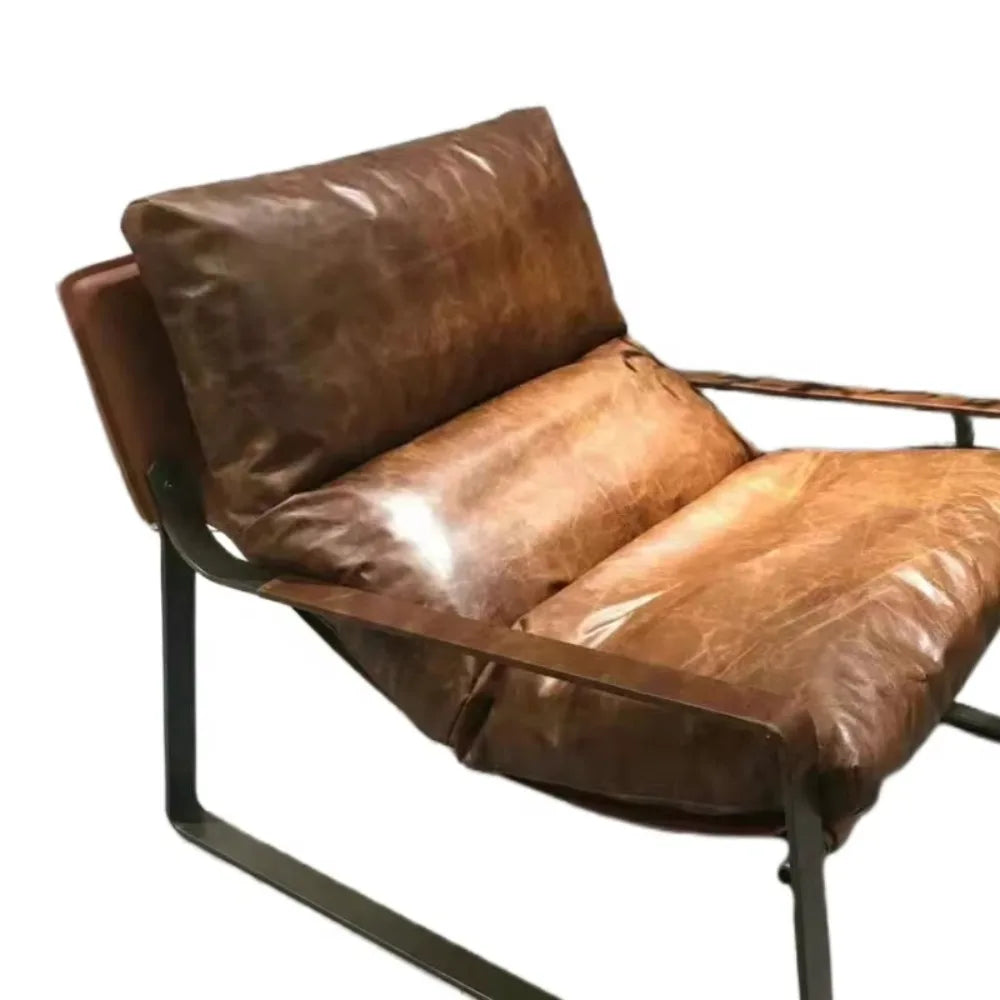 Vintage leather lounge armchair luxury comfortable living room chair metal iron frame tan leather lazy accent chair