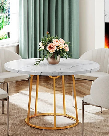47.24 Inch Round Dining Table Kitchen Table for 4 People Wooden Marble Pattern Dinner Room Table with Gold Base for Home office