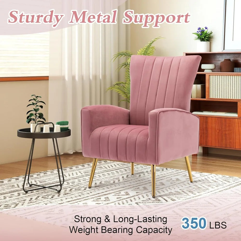 Velvet Accent Chairs Set of 1, Modern Fabric Upholstered Living Room Chairs Armchairs with Wing Back and Metal Legs, Pin