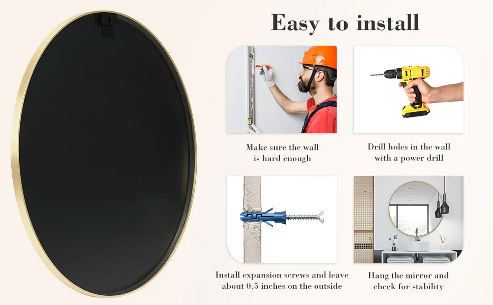 Round Wall Mirror 30" - Gold Metal Frame with Tempered Glass