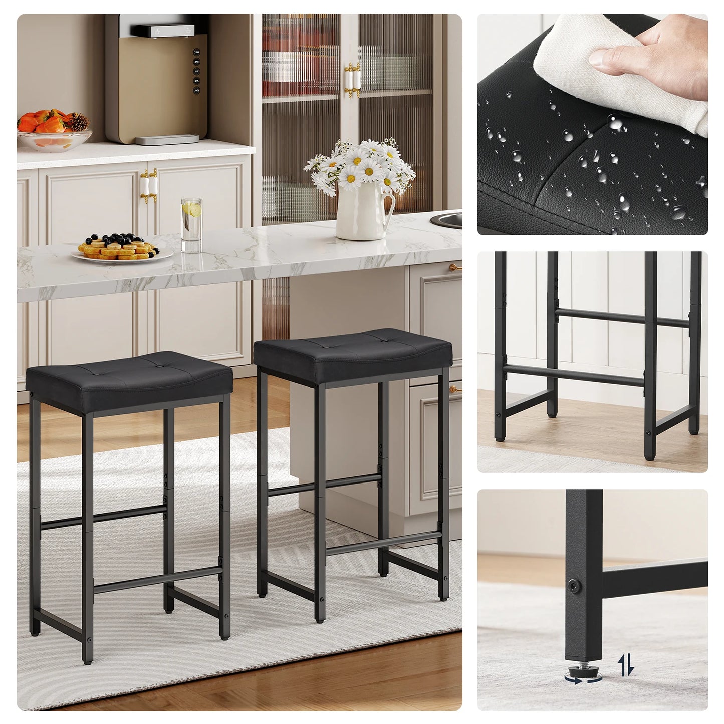 HOOBRO Bar Stools 25.4" Saddle Stools with PU Upholstery Counter Height Stools with Footrest Kitchen Breakfast Chairs for Cafe