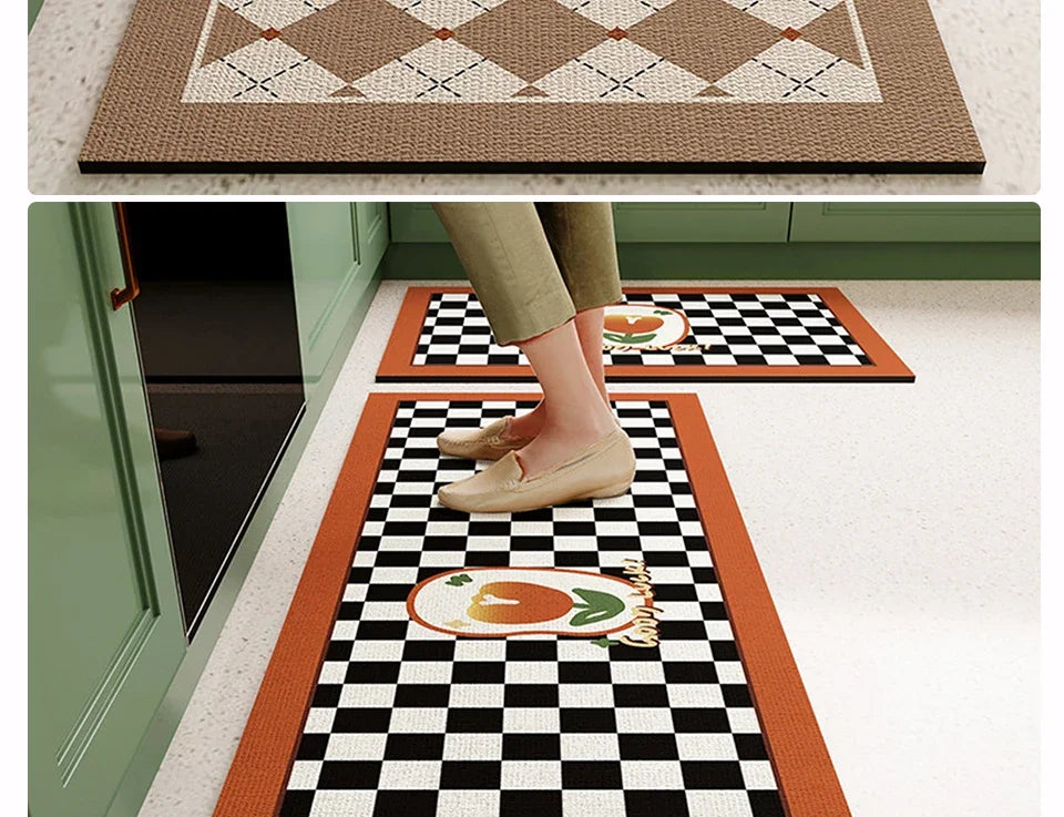 Mat for Kitchen Carpet Waterproof PVC Long Floor Mats Leather Oil Proof Anti-slip Carpets Black White Plaid Home Decoration Rug