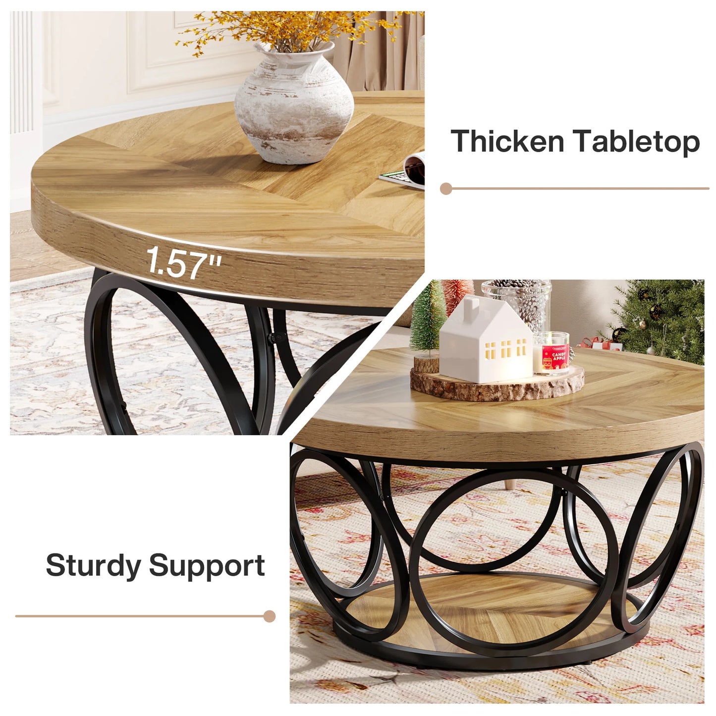 Round Coffee Table with Storage Shelves - 31.7" Industrial 2-Tier Circle Table