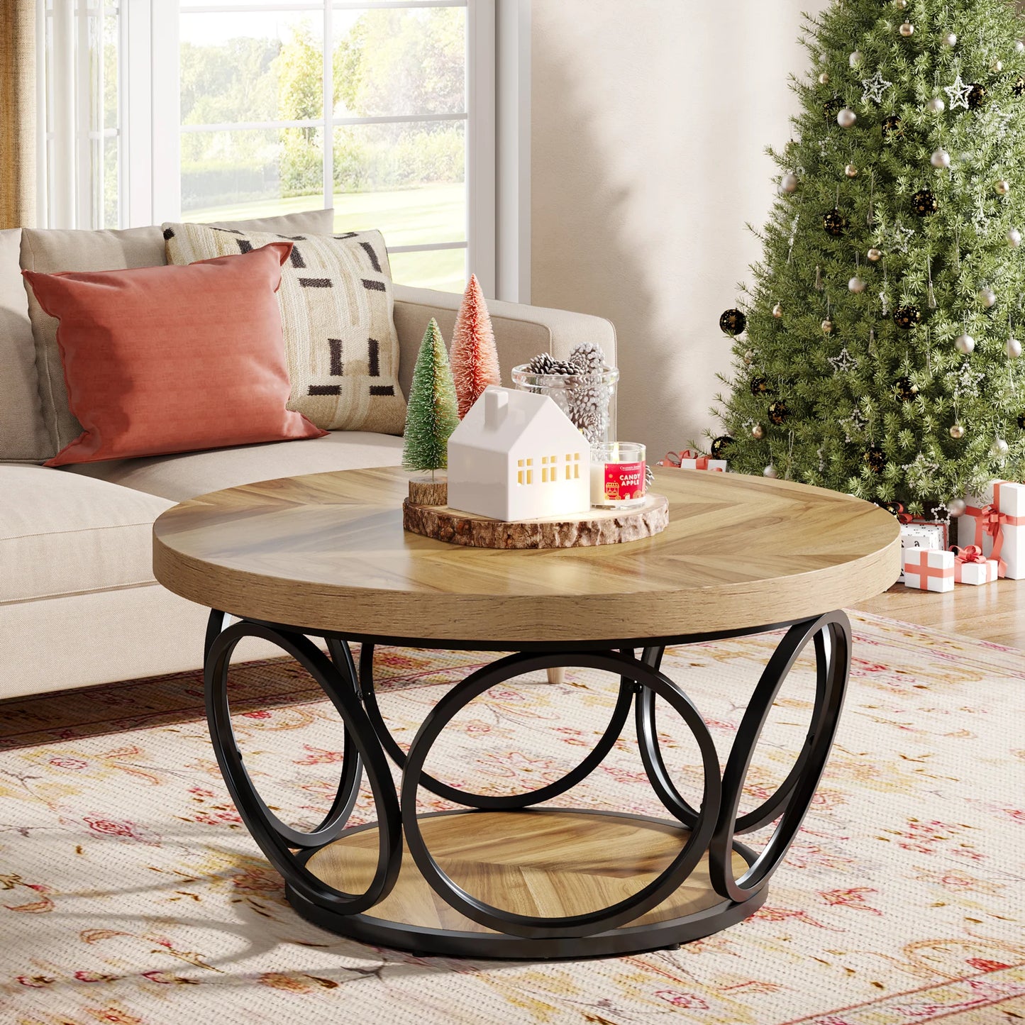 Round Coffee Table with Storage Shelves - 31.7" Industrial 2-Tier Circle Table