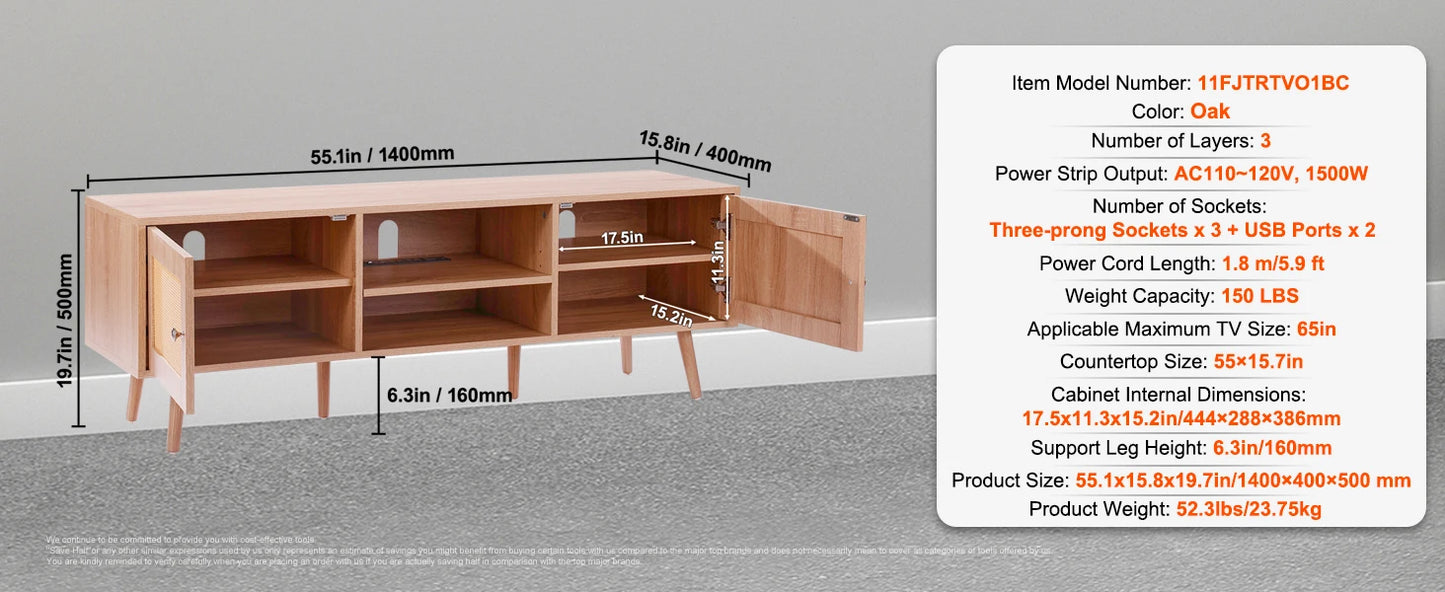 Rattan TV Stand Mid Century Modern TV Stand with Build-in Socket USB Ports Adjustable Shelfs for Living Room Media Room