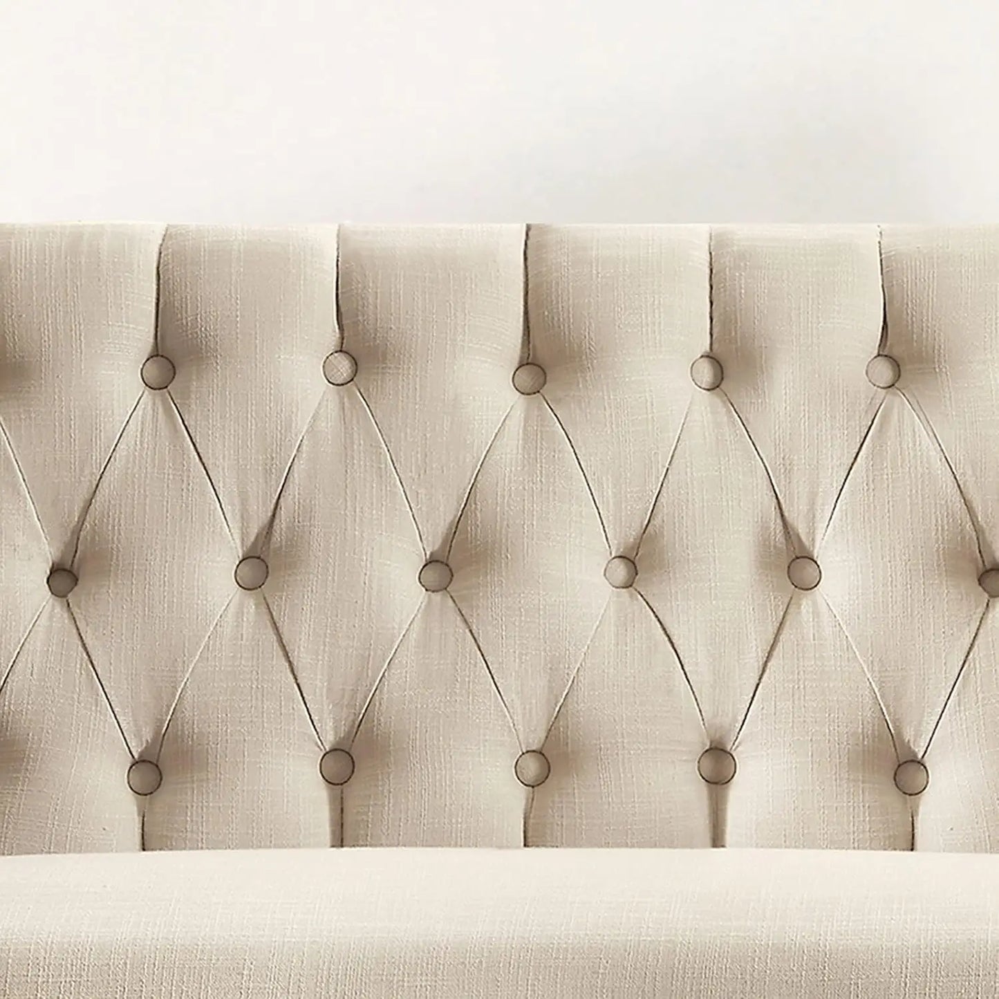 Loveseat Sofa 59": Button Tufted Linen with Rolled Arms & Gold Legs