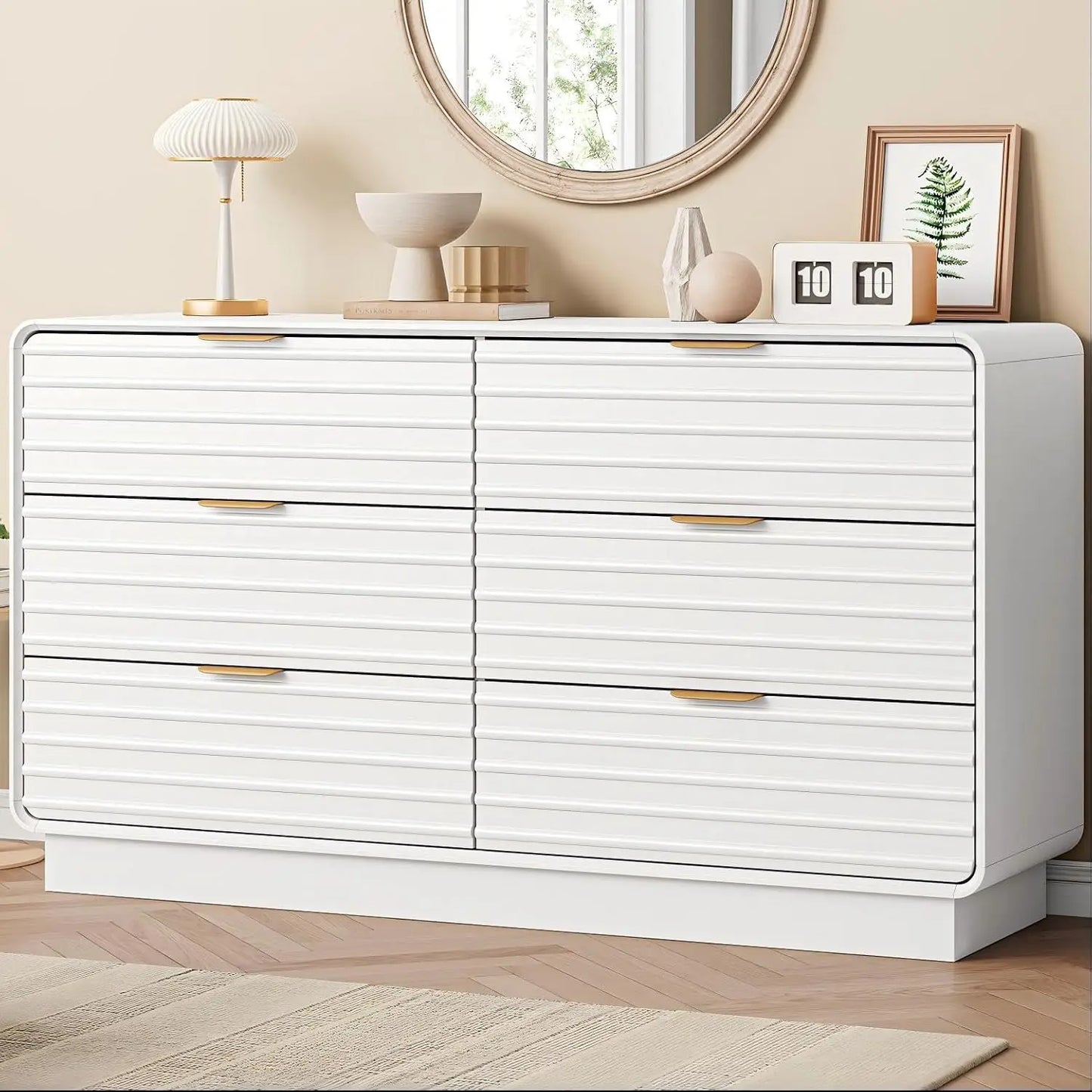 IRONCK Fluted 6 Drawer Dresser for Bedroom,54" Wide Modern Dresser Drawers, Wooden White Dressers with Metal Handle for Bedroom