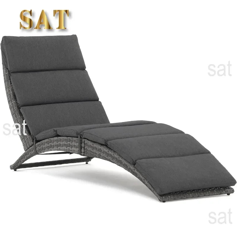 t Patio Chaise Lounge, Outdoor Lounge Chair, PE Rattan Foldable Chaise Lounger with Removable Dark Gray Cushion, Suitable