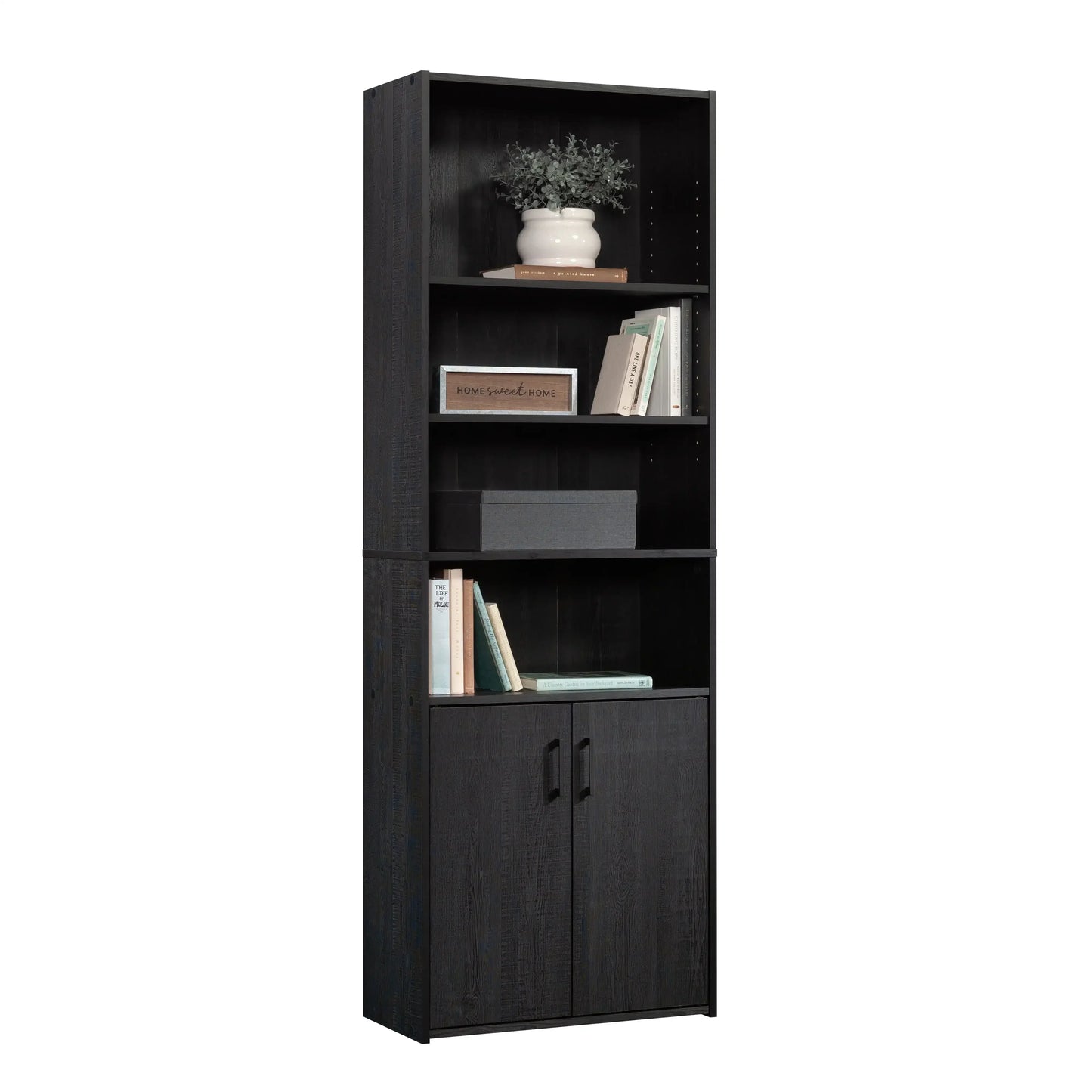 Traditional 5 Shelf Bookcase with Doors, Black Finish