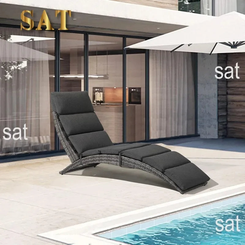 t Patio Chaise Lounge, Outdoor Lounge Chair, PE Rattan Foldable Chaise Lounger with Removable Dark Gray Cushion, Suitable
