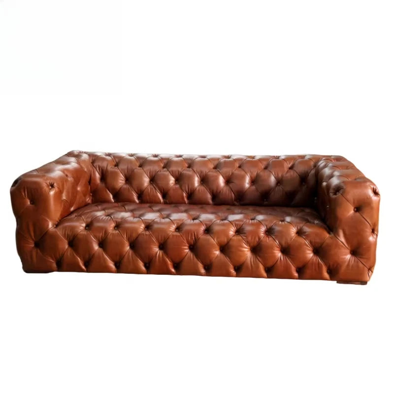 Custom Made Retro Vintage Tan Leather Classic Chesterfield Sofa Fully Tufted Buttons 3 Seat Living Room Hotel Lobby Sofa Club