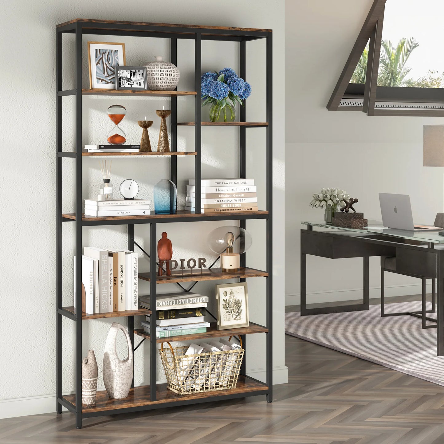 9-Tier Industrial Bookshelf, 79 Inches, 10 Cube Storage
