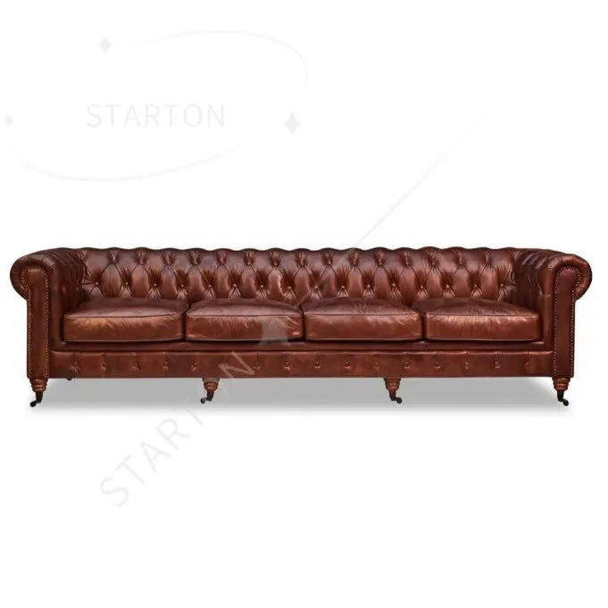 Antique Distressed Tan Leather Chesterfield Sofa 4 Seat Leather Sofas Hotel Lobby Home Luxury Chesterfield Sofas Genuine Leather