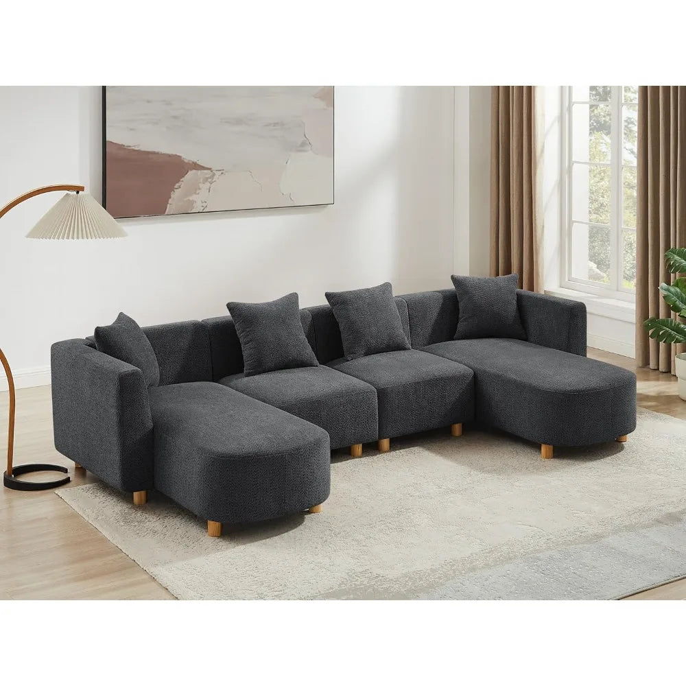 113" Sectional Sofa with 4 Pillows, U-Shaped 4-Seater Comfy Boucle Cloud Couch, Modern Double Chaises Lounge Sofas for Living