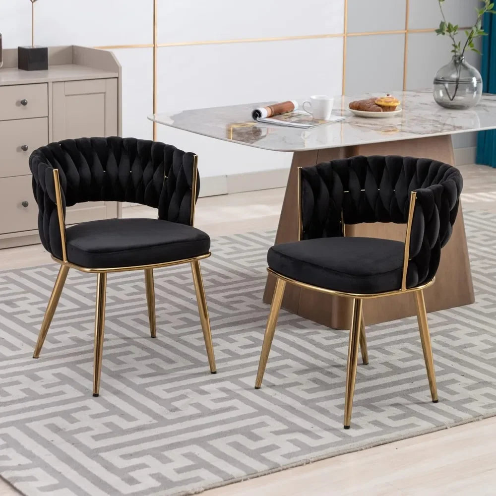 Velvet Dining Chair Set of 4, Gold Modern Dining Chairs with Metal Legs, Woven Upholstered Dining Chairs