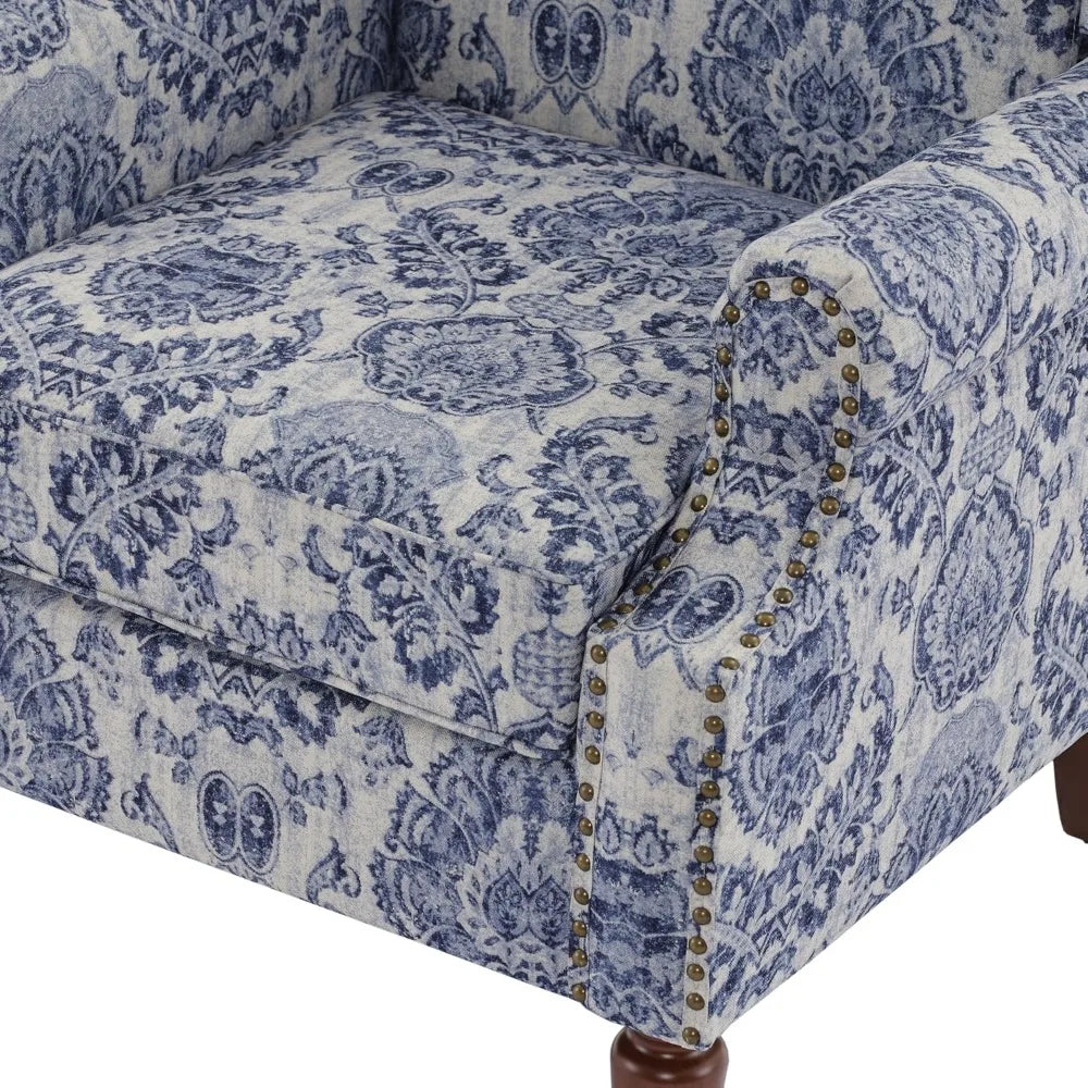 Floral-Patterned High-Back Wingback Chair with Upholstered Arms, Nailhead Trim, and Solid Wood Legs for Living Spaces