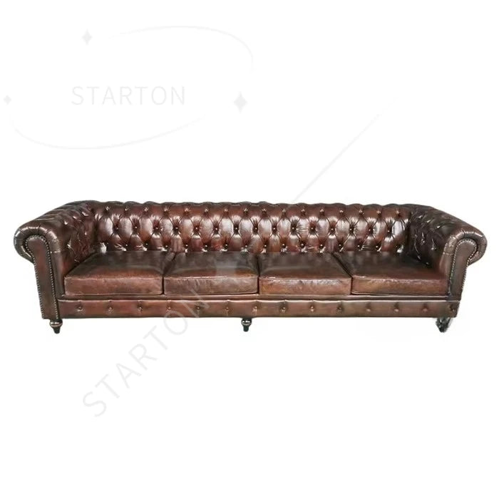 Antique Distressed Tan Leather Chesterfield Sofa 4 Seat Leather Sofas Hotel Lobby Home Luxury Chesterfield Sofas Genuine Leather