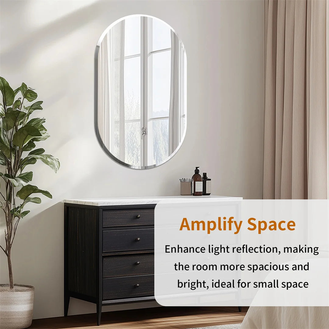 Frameless Long Oval Bathroom Vanity Mirror Silver Glass Wall Decor Mirror with Beveled Edge for Bathroom Entryway