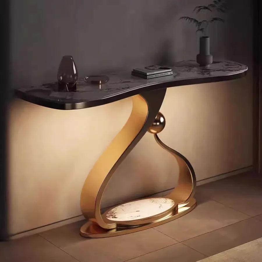 Modern Simple Stainless Steel Console Table Light Luxury Rock Board Design Home Living Room Very Narrow Case Corridor Table
