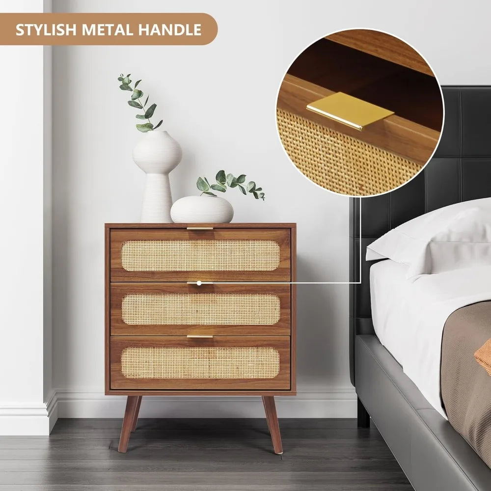 QHITTY Drawer Dresser Set of 2, Rattan Chest of Drawers with 3 Drawers Dresser, Accent Storage Cabinet Modern Bedside Table for